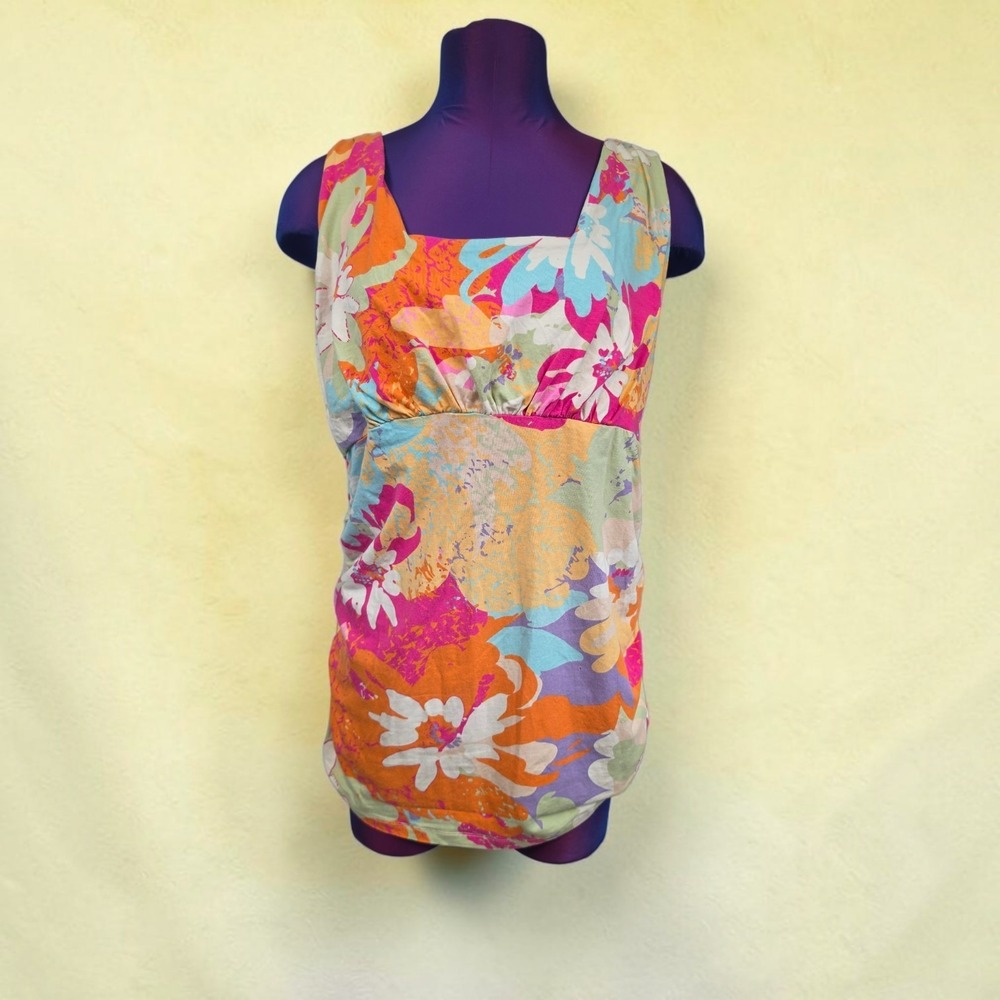 Cabi XL Floral Empire Waist Tank Top Multi Color Square Neck Ruched Side Y2K